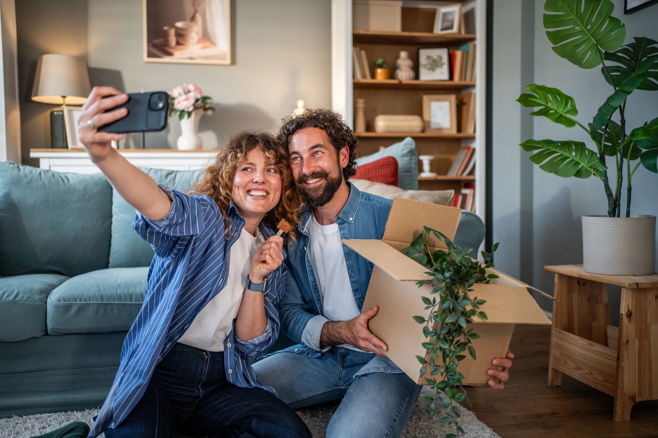 Happy couple holding keys in their new home