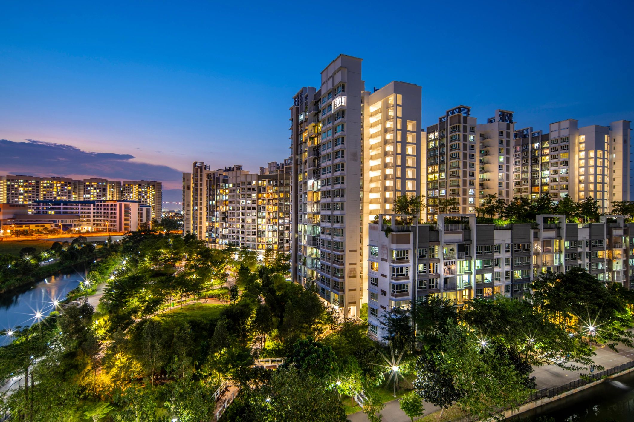 Modern residential apartment blocks at dusk